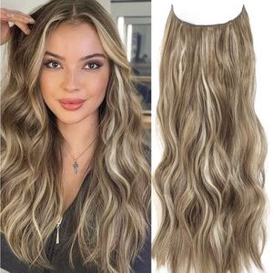 Invisible Wire Hair Extensions Wavy Curly Light Ash Brown with Blonde Highlights